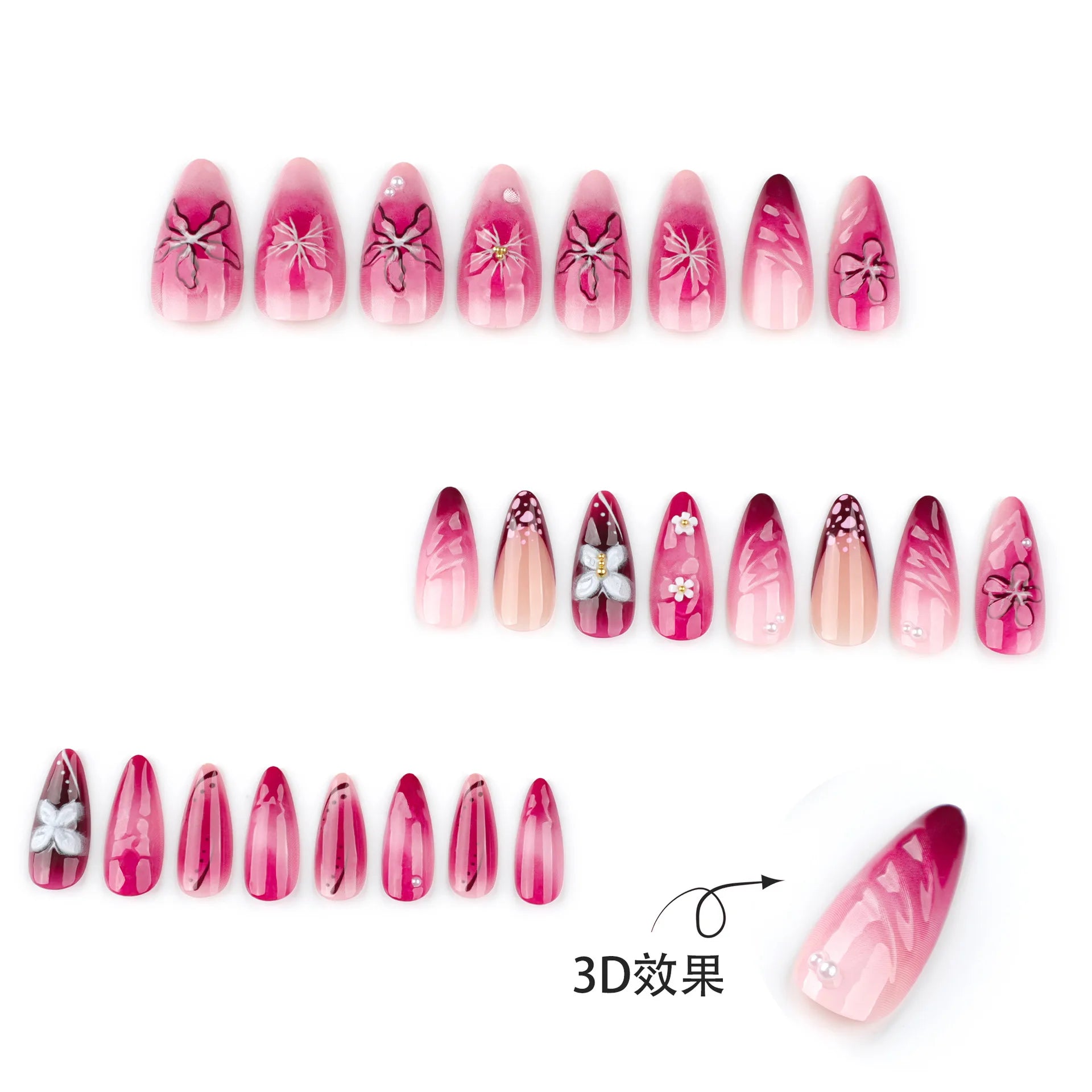 24pcs Charming Almond Fake Nails Smudging Rose Pink Almond False Nail White Ice Flower French Style Press On Nail For Spicy Girl