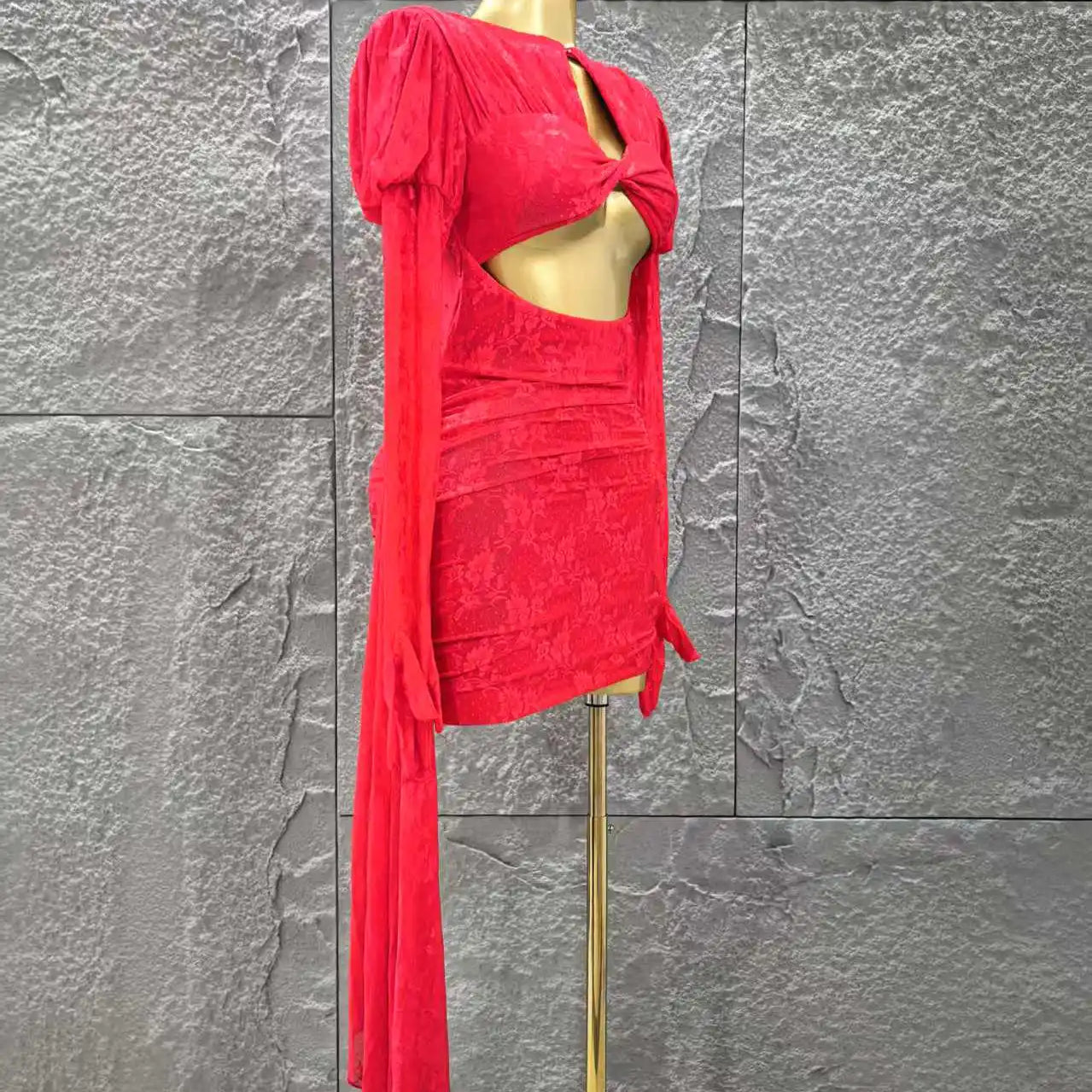 Red Color Christmas Style Women Long Sleeve Sexy Keyholes Bodycon Mini Dress Nightclub Party Celebrate Wedding Outfit