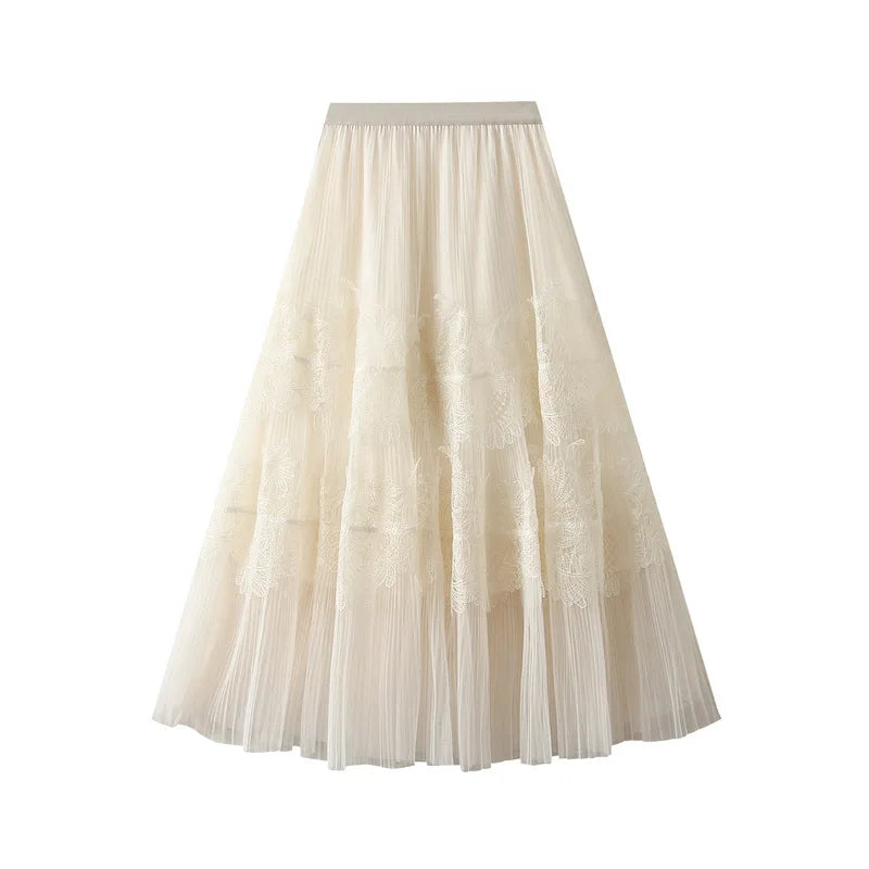 UCXQ New Products Sweet Cake Spliced Skirt Lace Pleated Mesh Large Hem A-line Skirts For Women New Spring Autumn 23A7001 Apricot One Size