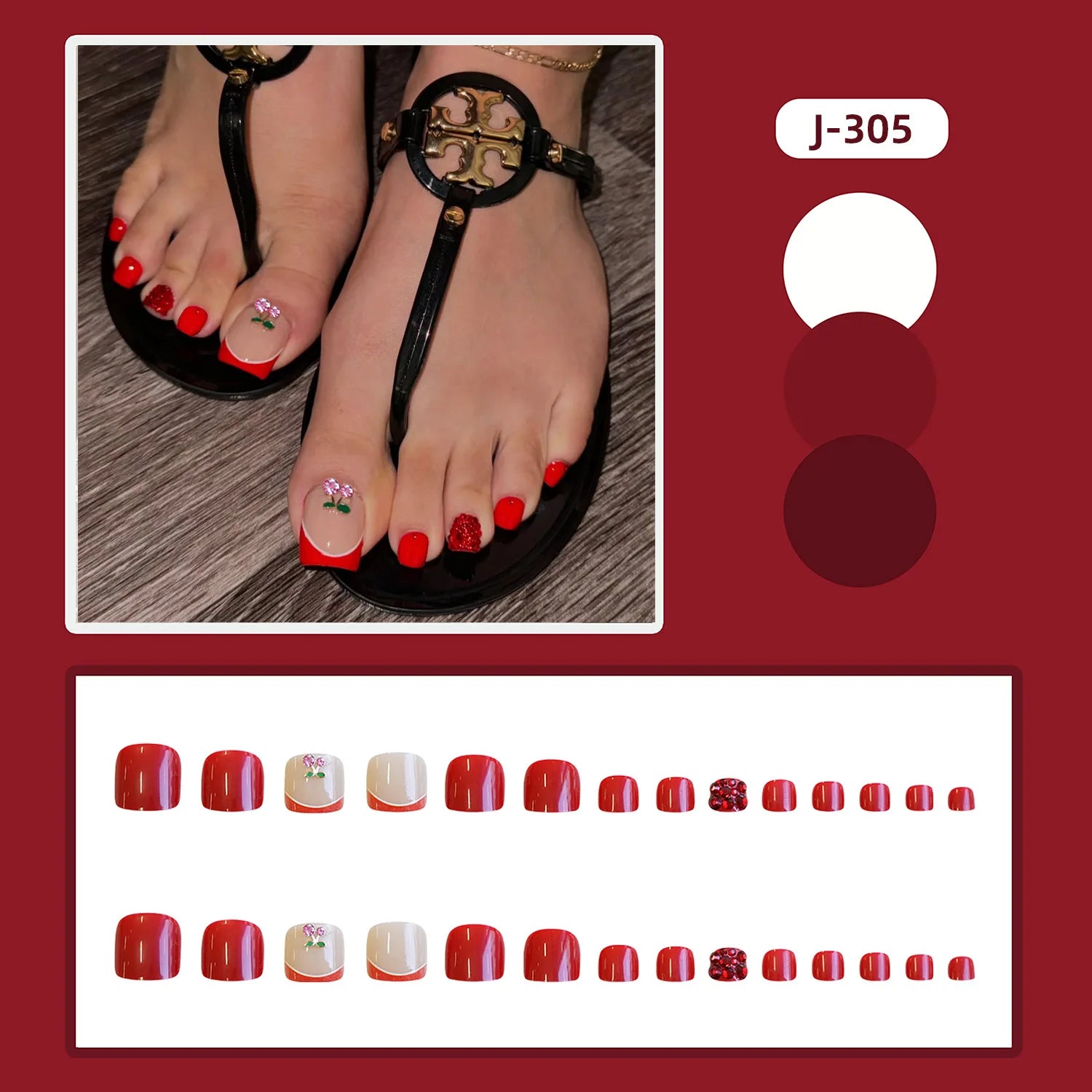 24pcs Red French False Toenails Summer Square Fake Toenails Wearable Detachable Cherry Diamond Decor Press on Nails for Toe 1