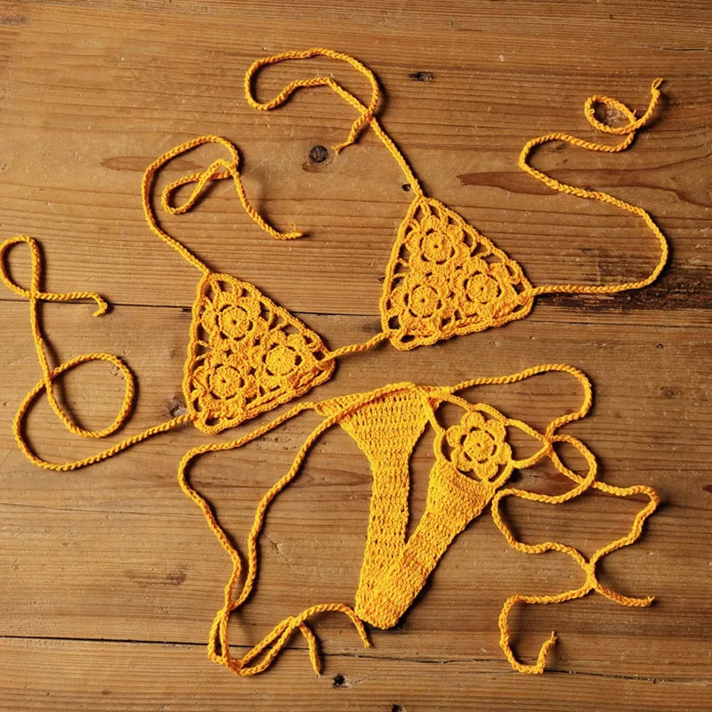 Women Sexy Handmade Bikini Sets Crochet Flower Solid Color Lace Thong String Swimwear Sunbathing Swimsuit Beach Wear Lace-up Orange one size