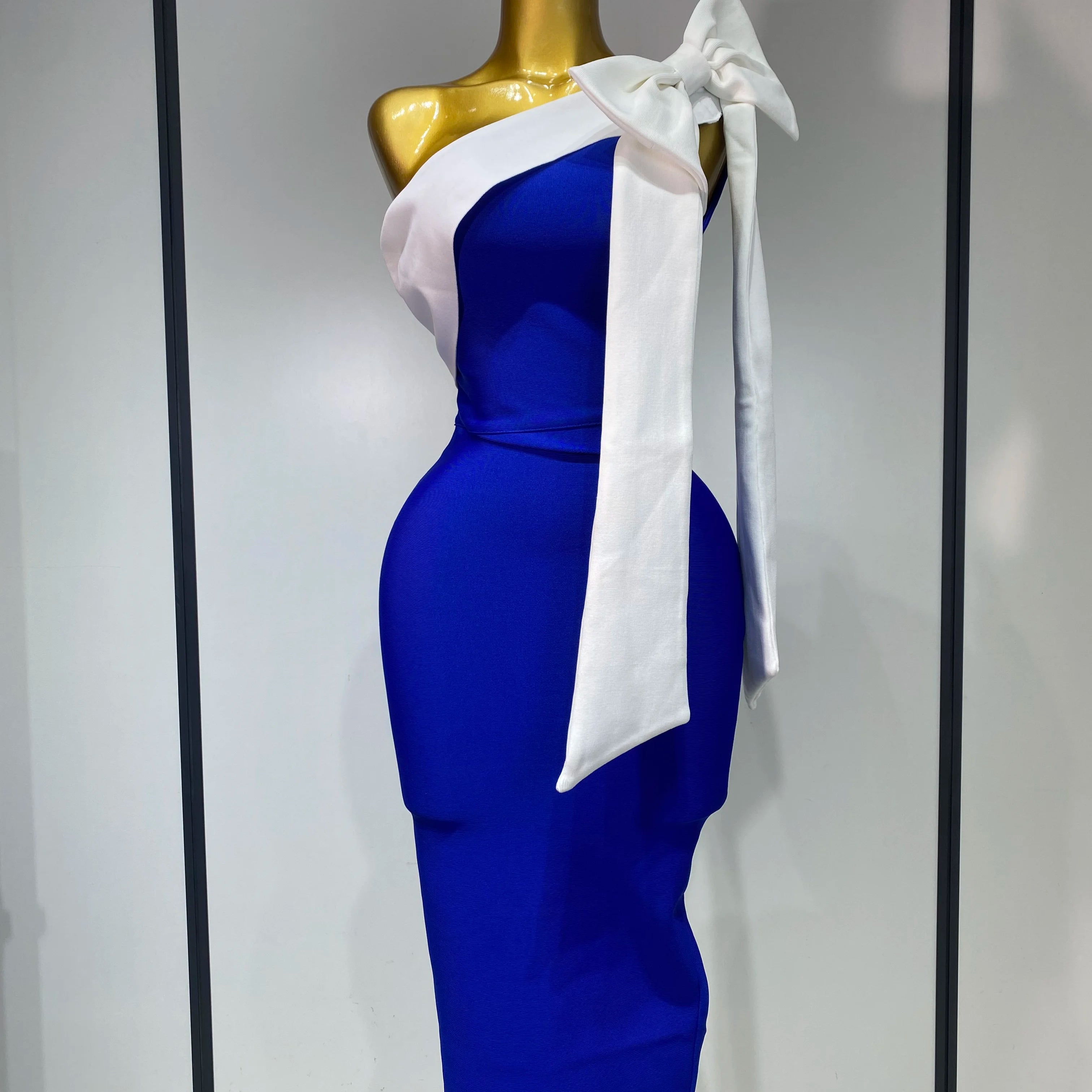 Women Sexy One Shoulder Splicing Bow Bodycon Bandaged Dress Celebrity Elegant Evening Party Luxury Birthday Banquet Dress Blue