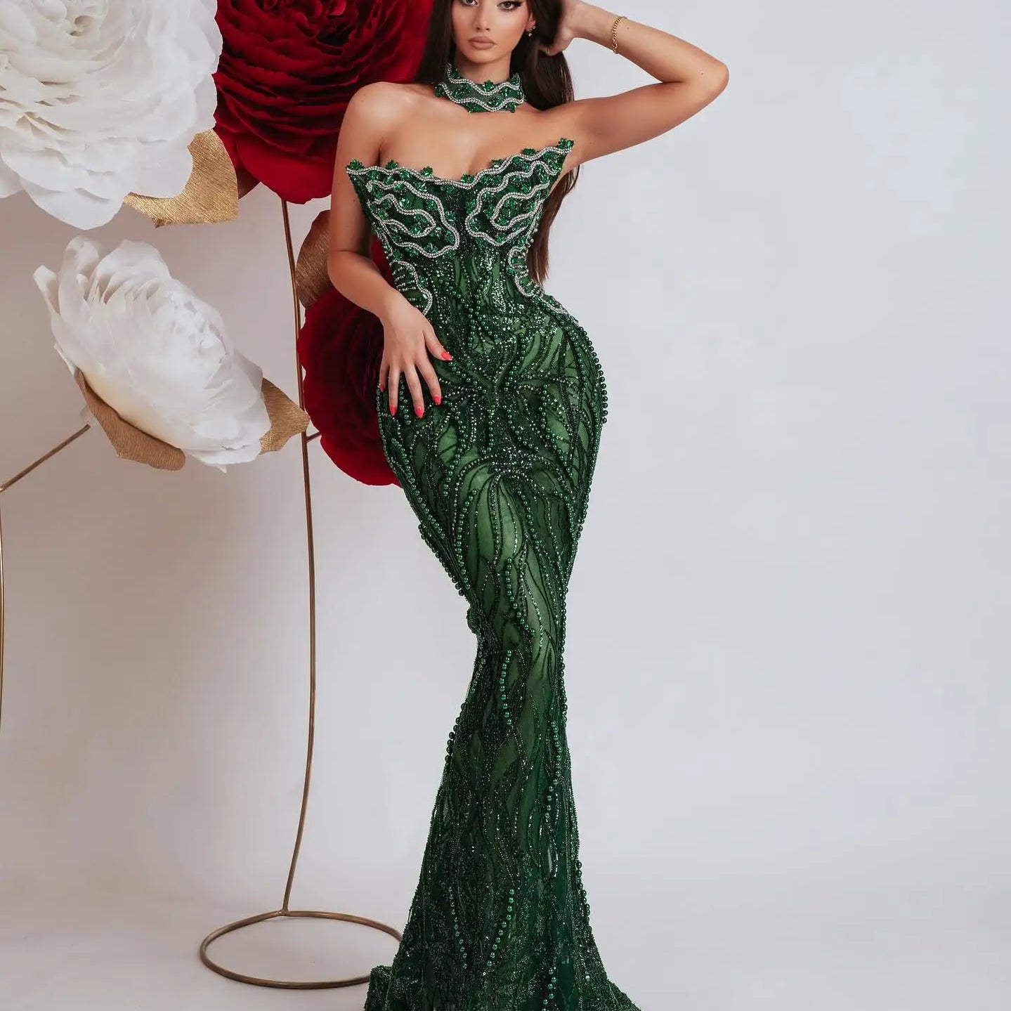 Dark Green Shining Sequin Neck Chain Strapless Ankle Length Dress Woman Cocktail Party Dress Celebrity Birthday Party Vestido As Picture