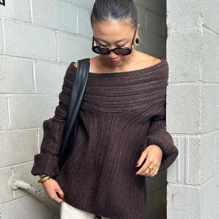 Autumn Oversized Sweater for Women Sexy Slash Neck Knit Pullovers Long Sleeve Women's Sweater Loose-fit Casual Knitwear 2024 Dark Brown One Size