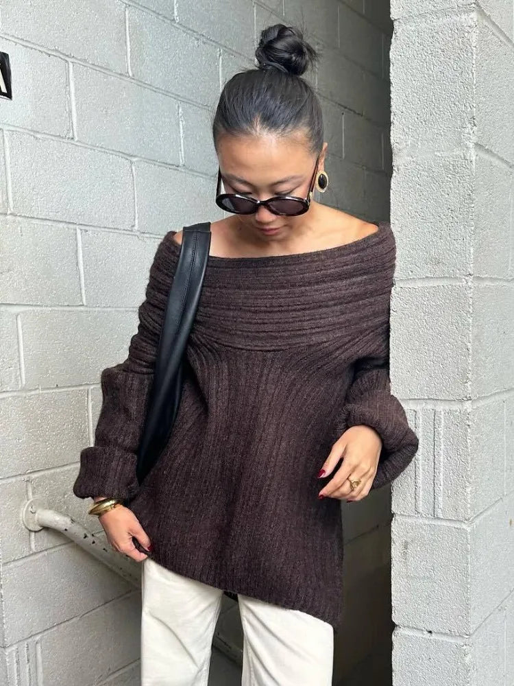 Autumn Oversized Sweater for Women Sexy Slash Neck Knit Pullovers Long Sleeve Women's Sweater Loose-fit Casual Knitwear 2024 Dark Brown One Size