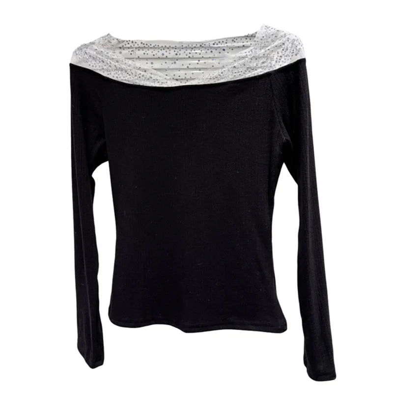 Winter New Elegant Fashion Shiny Rhinestone Mesh Off-Shoulder T-Shirt For Women Patchwork Tops Female Trend 11A07654
