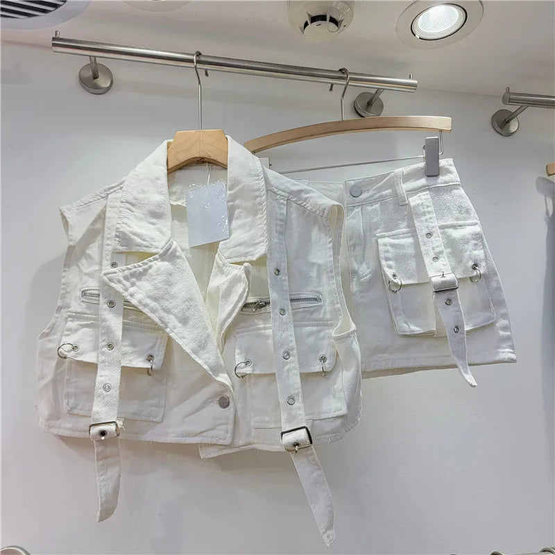 Retro Pink Large Pocket Denim Suit Spring Summer Sleeveless Short Vest High Waist Hip Wrapped Skirt 2 Pieces Sets Women Outfits WHITE