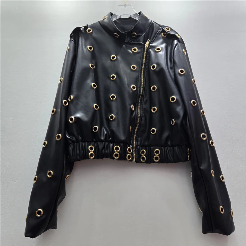 Autumn Winter New Fashion Hollow Metal Circle Stand Collar Zipper Long Sleeve Leather Jacket For Women Trendy 11A07639 Black One Size