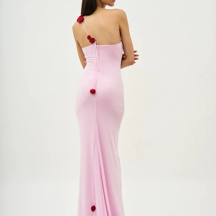 Women'S Pink Dress Elegant And Pretty Maxi Gown 3D Flower Design Diagonal Collar Sleeveless Formal Party Vestidos