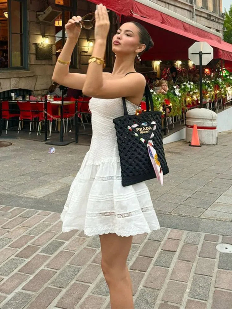 Off-shoulder Strapless A-line Sexy Mini Dress For Women Fashion Lace Sleeveless Backless High Waist Club Party Dress