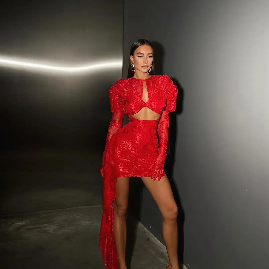 Red White Women Long Sleeve Sexy Lace Draped Bodycon Mini Dress Gloves Nightclub Party Celebrate Birthday Dress