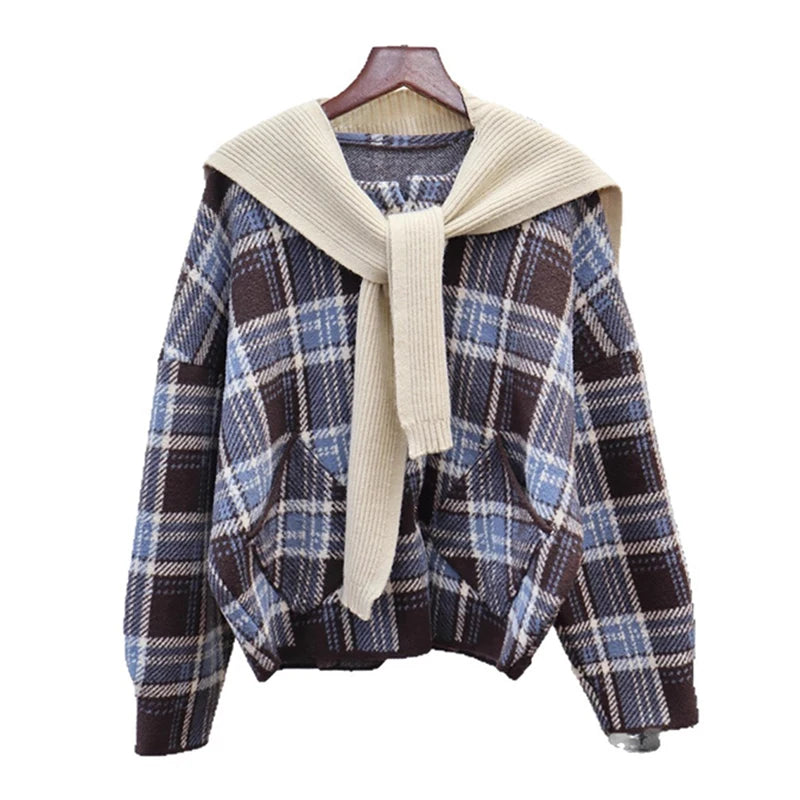 Autumn Winter New Plaid Knitted Double-Sided Shawl Cardigan For Women Loose Sweater Coat Female Trendy 11A07623
