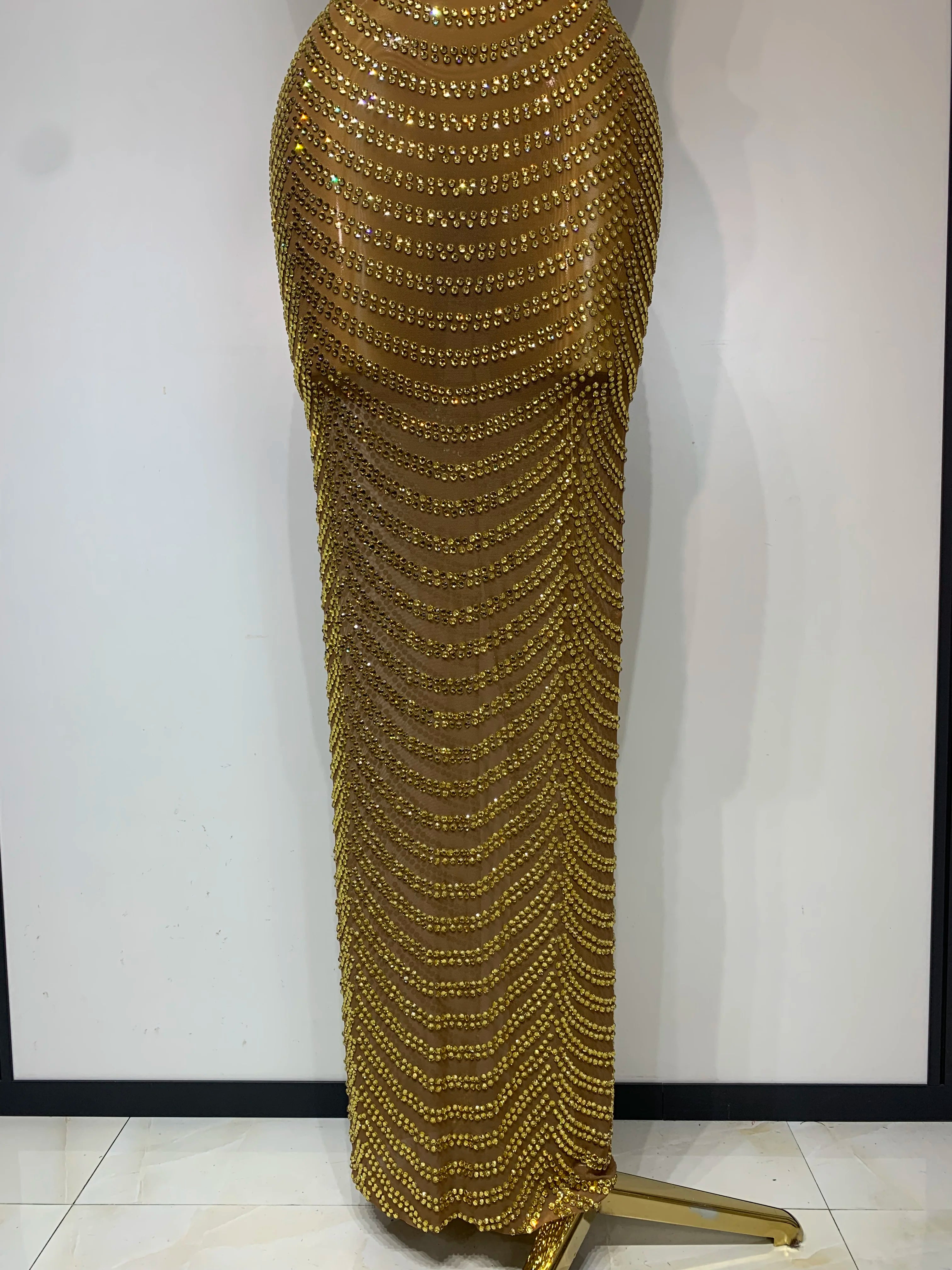 Women Sexy Sparkly Rhinestone Gold Maxi Dress Mesh See Through Evening Party Singer Stage Perform Costume Luxury Birthday Gown