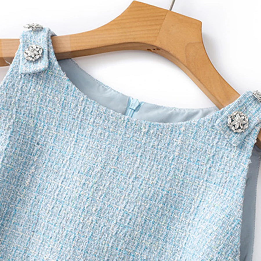 Solid Slimming Spliced Button Dresses for Women Round Neck Sleevless Temperament Mini Dress Female Fashion Clothing