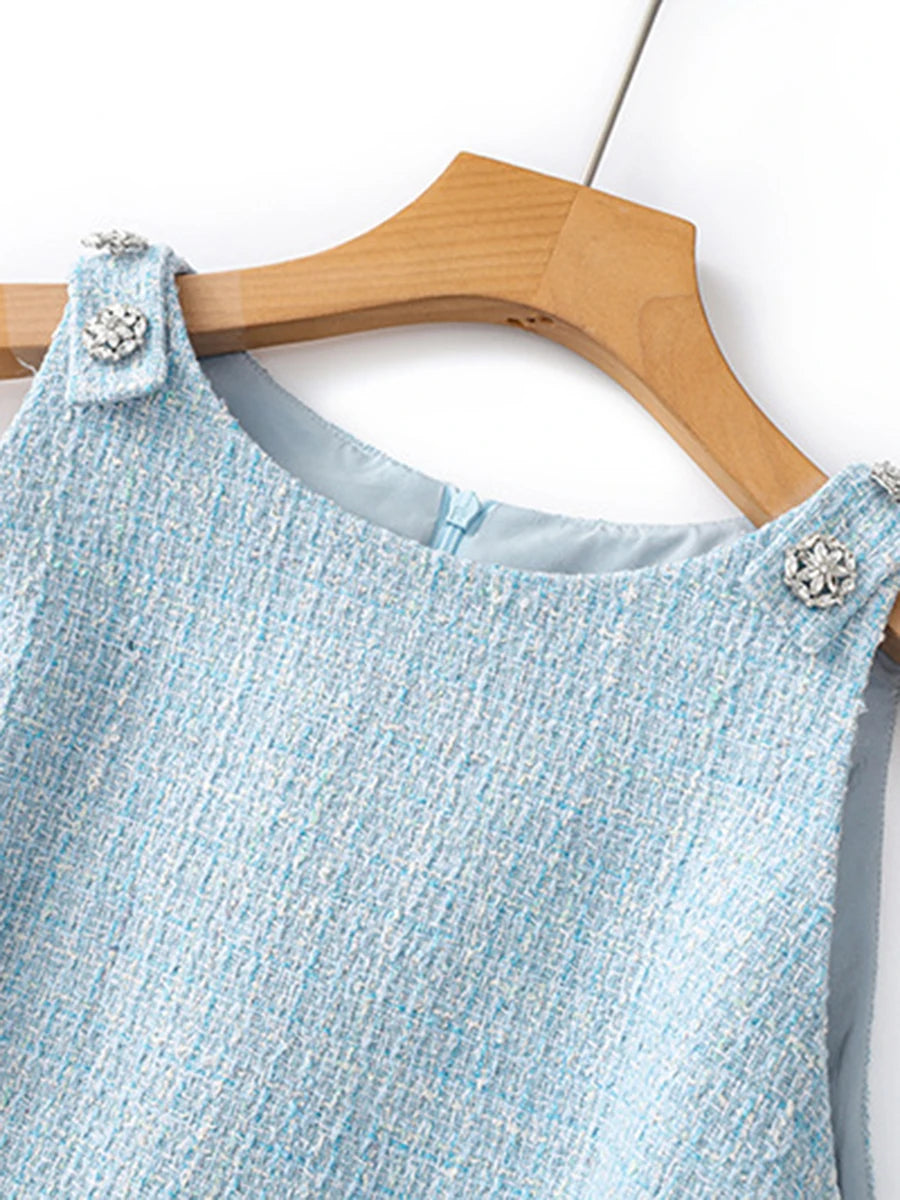 Solid Slimming Spliced Button Dresses for Women Round Neck Sleevless Temperament Mini Dress Female Fashion Clothing