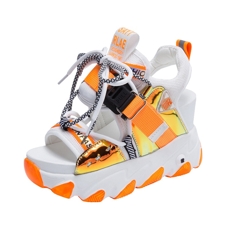 Women Chunky Platform Sandals Designers New Brand 2024 Summer Beach Casual Shoes Woman Lace Up Wedges 9CM Fashion Sandal Ladies2 Orange