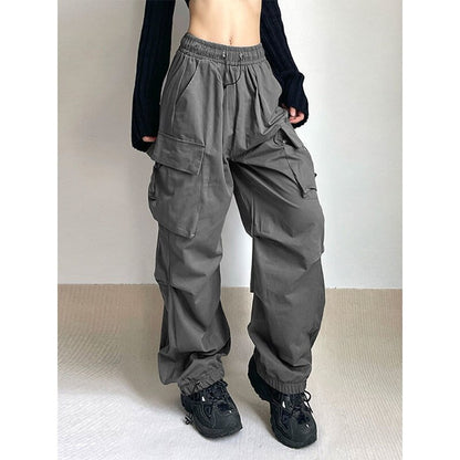 女性パラシュートカーゴパンツヒップホップストリートカジュアル原宿弾性ウエストワイドレッグパンツファッション新固体ストレートズボン