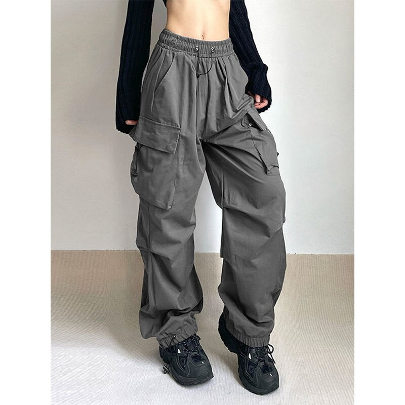 Women Parachute Cargo Pants Hip Hop Streetwear Casual Harajuku Elastic Waist Wide Leg Pants Fashion New Solid Straight Trousers