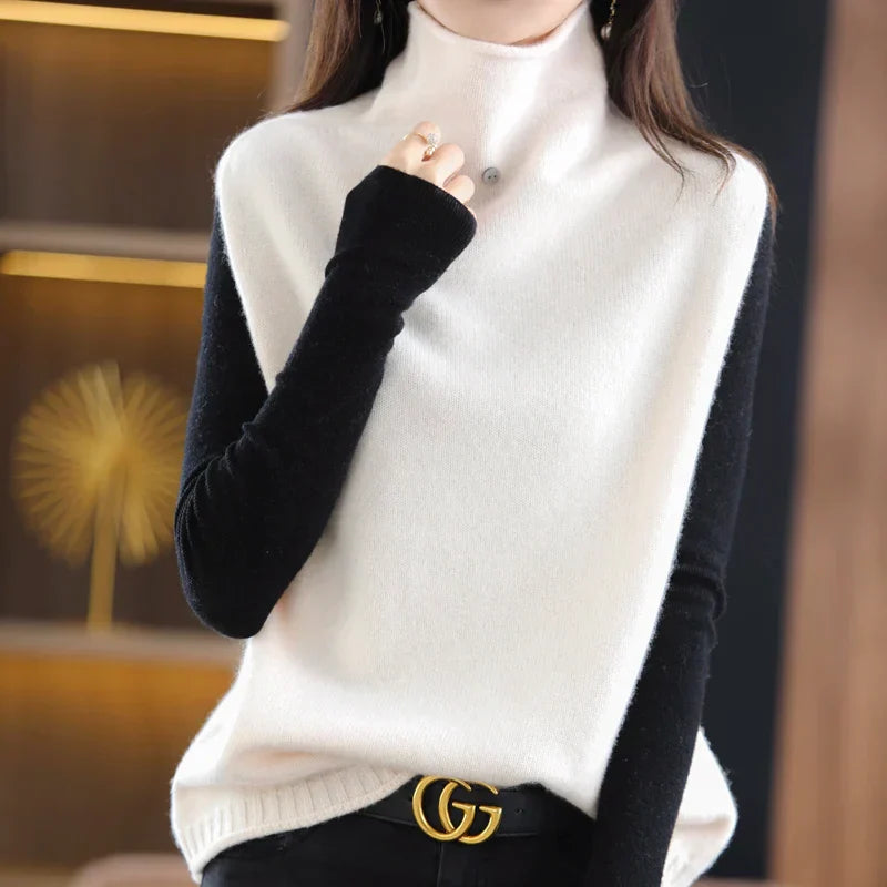 Turtleneck Waistcoat Women's Knitted Vest New Autumn And Winter Sleeveless Top Sweater JQ137 creamy-white