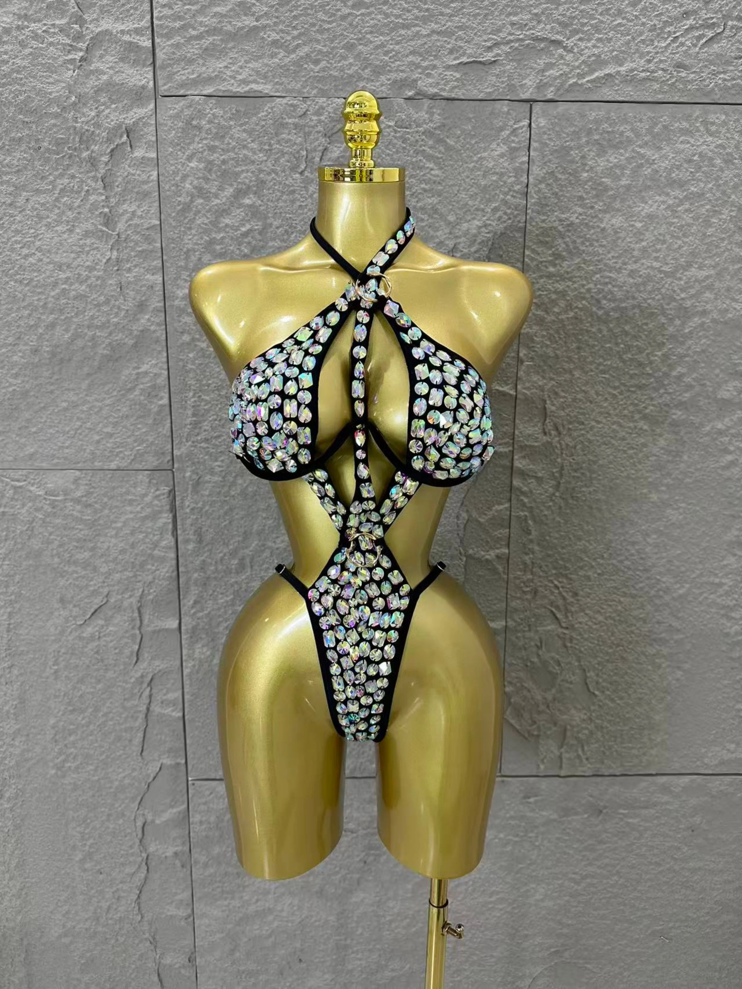 Women Sexy Halter Neck Iridescent Crystal Embellished Cutout Outfit Stage Performance Costume 2026 Luxurious Black Bodysuit C