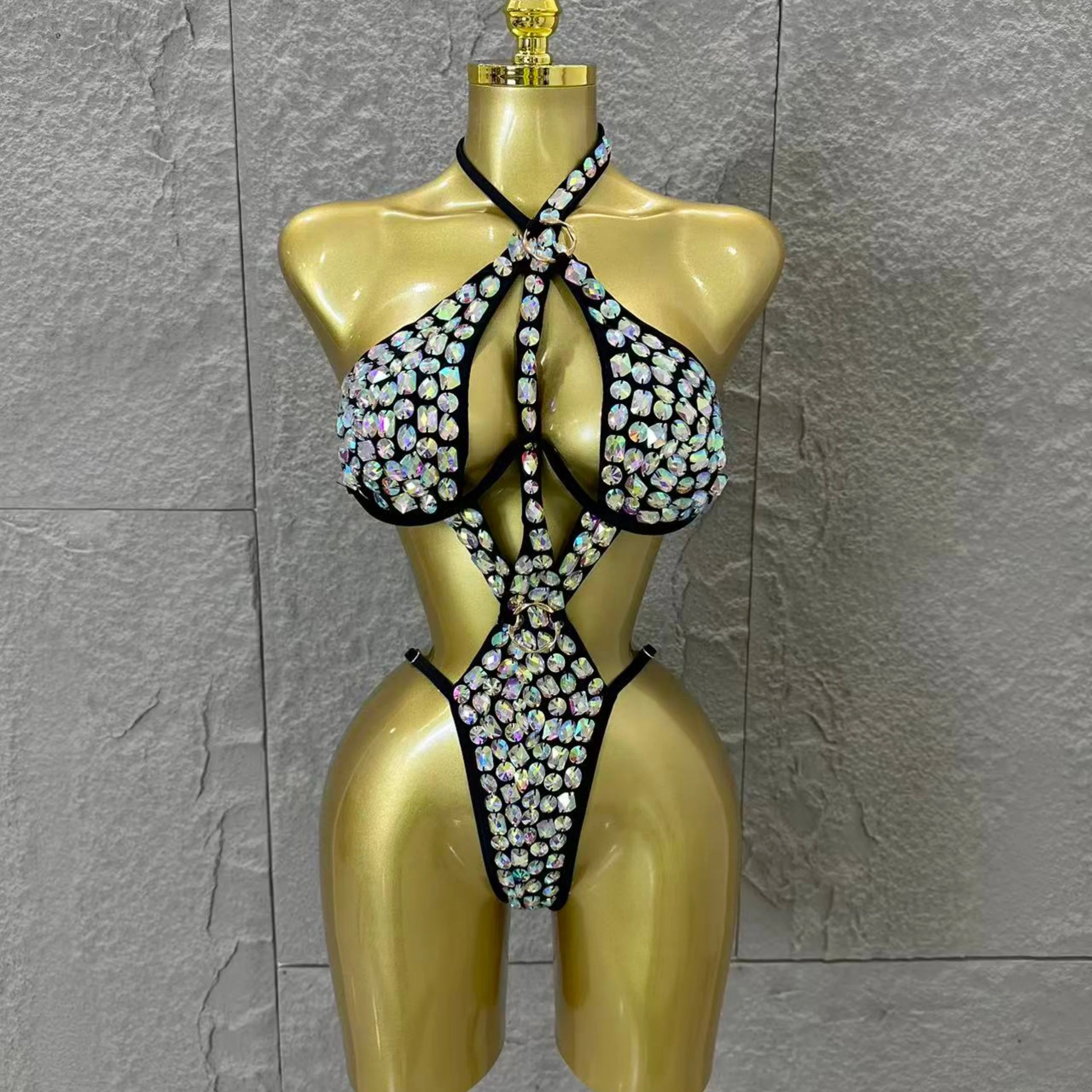 Gold Luxurious Black Bodysuit Women Sexy Halter Neck Iridescent Crystal Embellished Cutout Outfit Stage Performance Costume C