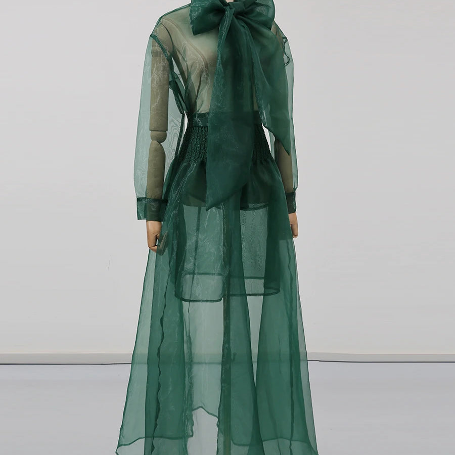 Solid Sheer Two Piece Sets for Women Round Neck Long Sleeves Spliced Bowknot Top High Waist Skirt Set Female New