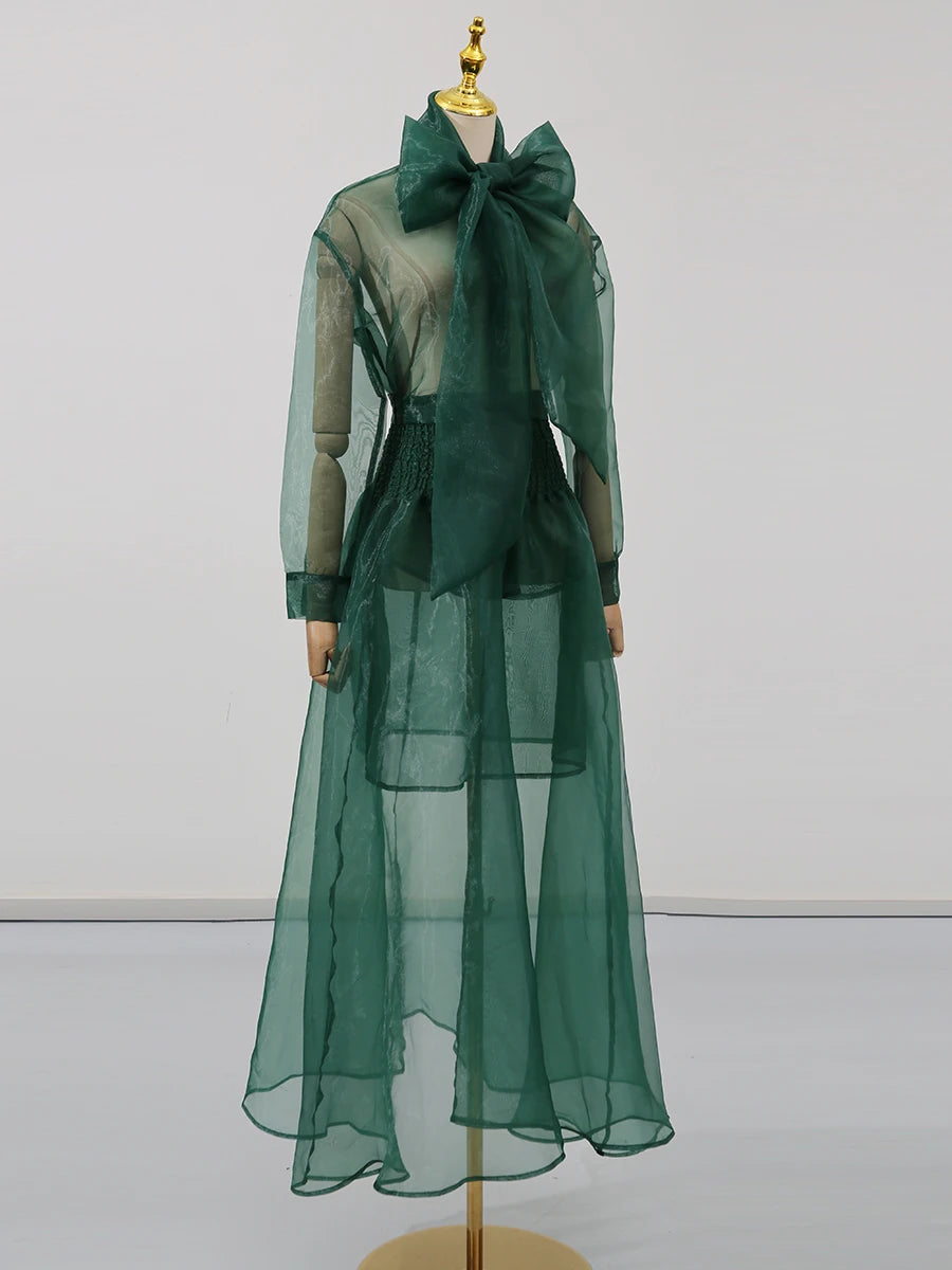 Solid Sheer Two Piece Sets for Women Round Neck Long Sleeves Spliced Bowknot Top High Waist Skirt Set Female New