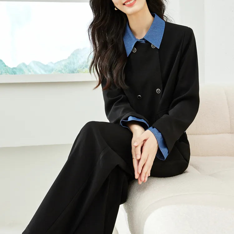 Workwear Women's Autumn Outfits Patchwork Short Jacket Wide Leg Pant Sets for Women Two Piece New in Matching Set