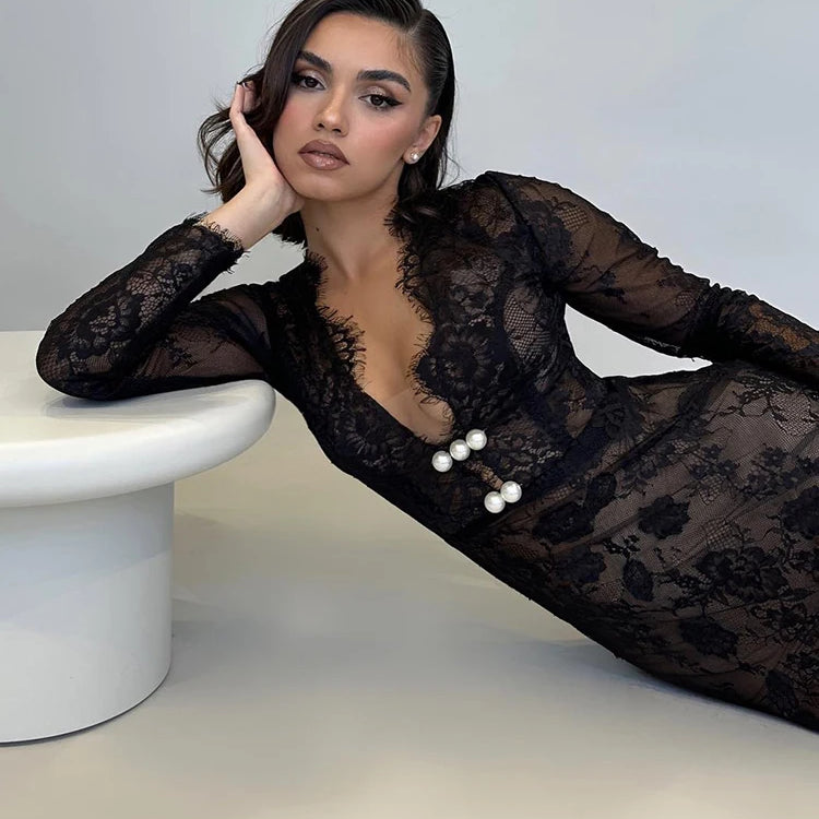 Black Long Dresses For Women Sexy V Neck Long Sleeve Lace Evening Maxi Gown Fashion Summer Dresses 2024