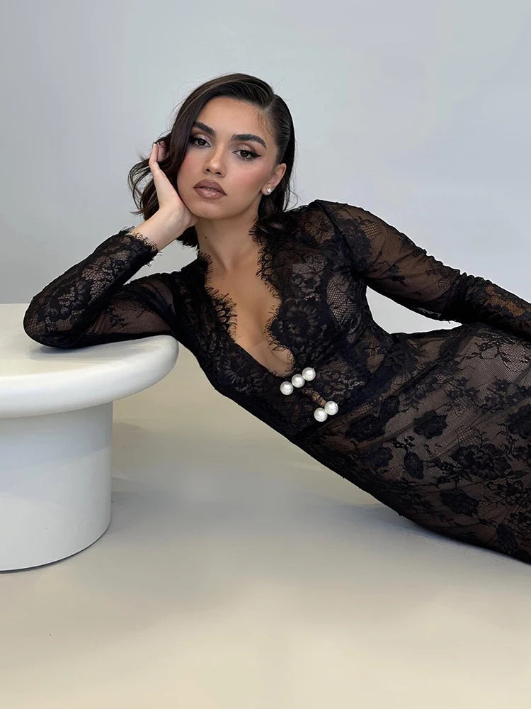 Black Long Dresses For Women Sexy V Neck Long Sleeve Lace Evening Maxi Gown Fashion Summer Dresses 2024