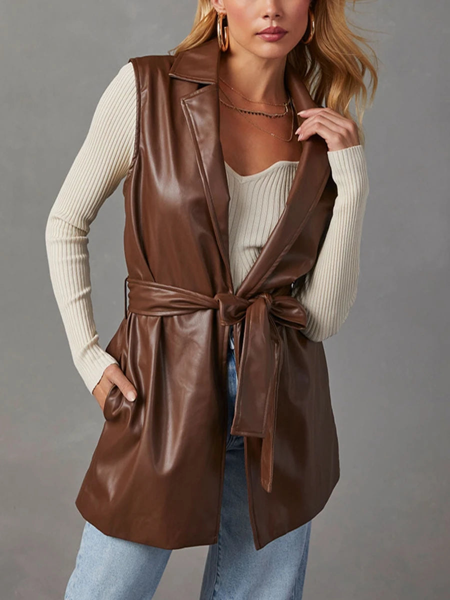 Women PU Leather Blazer Casual Sleeveless Lapel Collar Solid Color Jacket Autumn Outwear with Belt