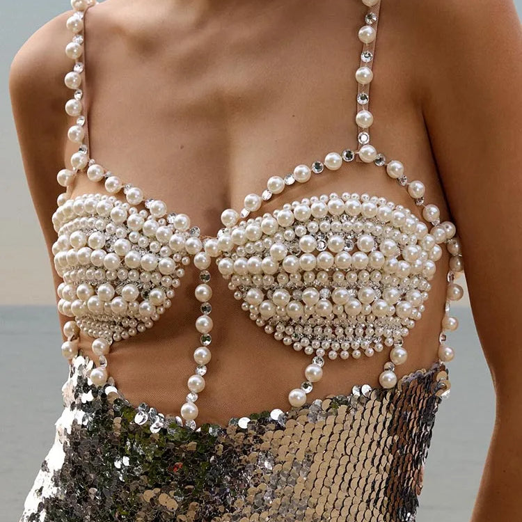 Chic Sequin Pearl Detailed Cut-Out & Straps Dress for Trendy Parties Evening Gown
