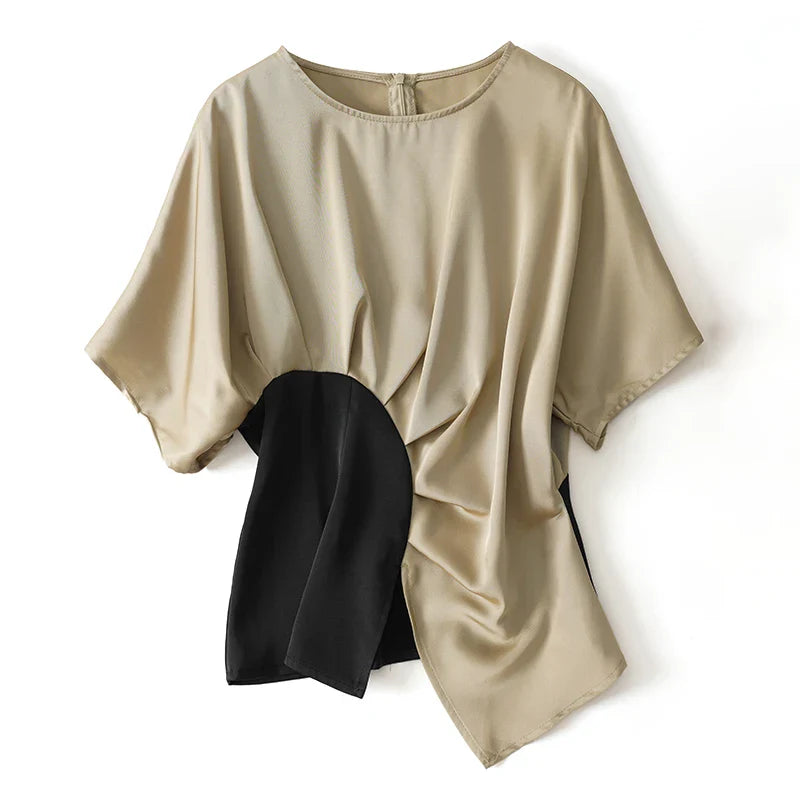 Asymmetric Spliced O-Neck Batwing Short Sleeve Women's Blouse Shirt Pullover Korean Fashion Female Clothing Tops Summer 2023 Khaki