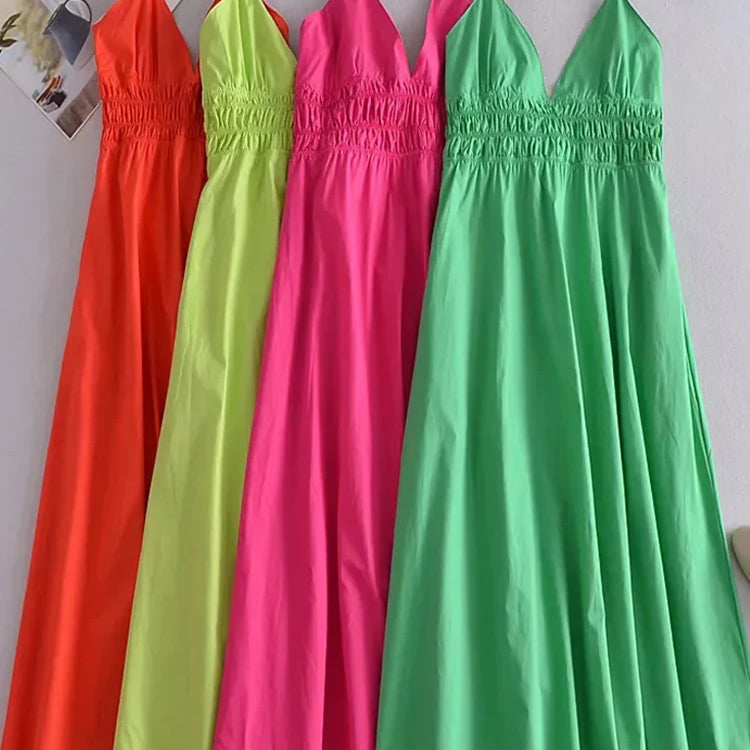 Foridol Elastic Smocking Green Cotton V Neck Summer Women's Dress Sleevless Long Green Maxi Casual Strapy Dress Solid Female