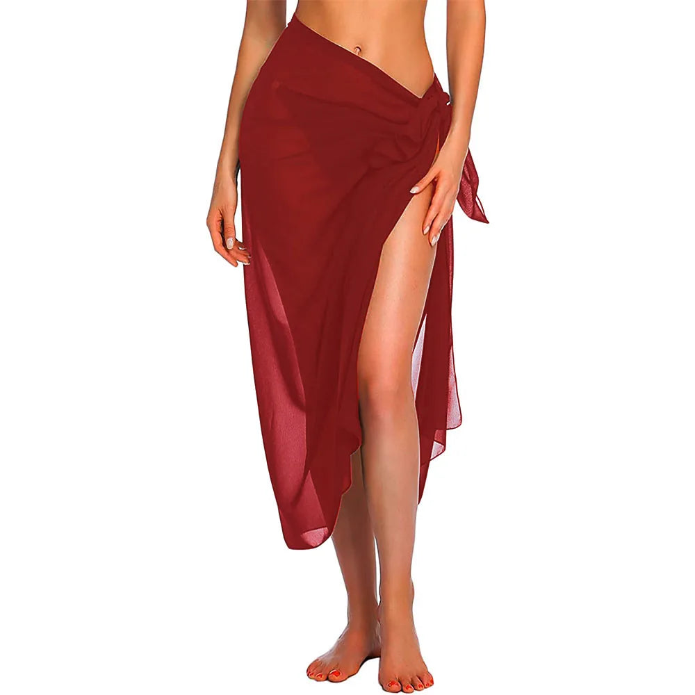 Womens Beach Long&Short Short Skirt Sarong Swimsuit Coverups Summer Bikini Wrap Sheer Scarf for Swimwear Cover-ups Wine Red-Long One Size