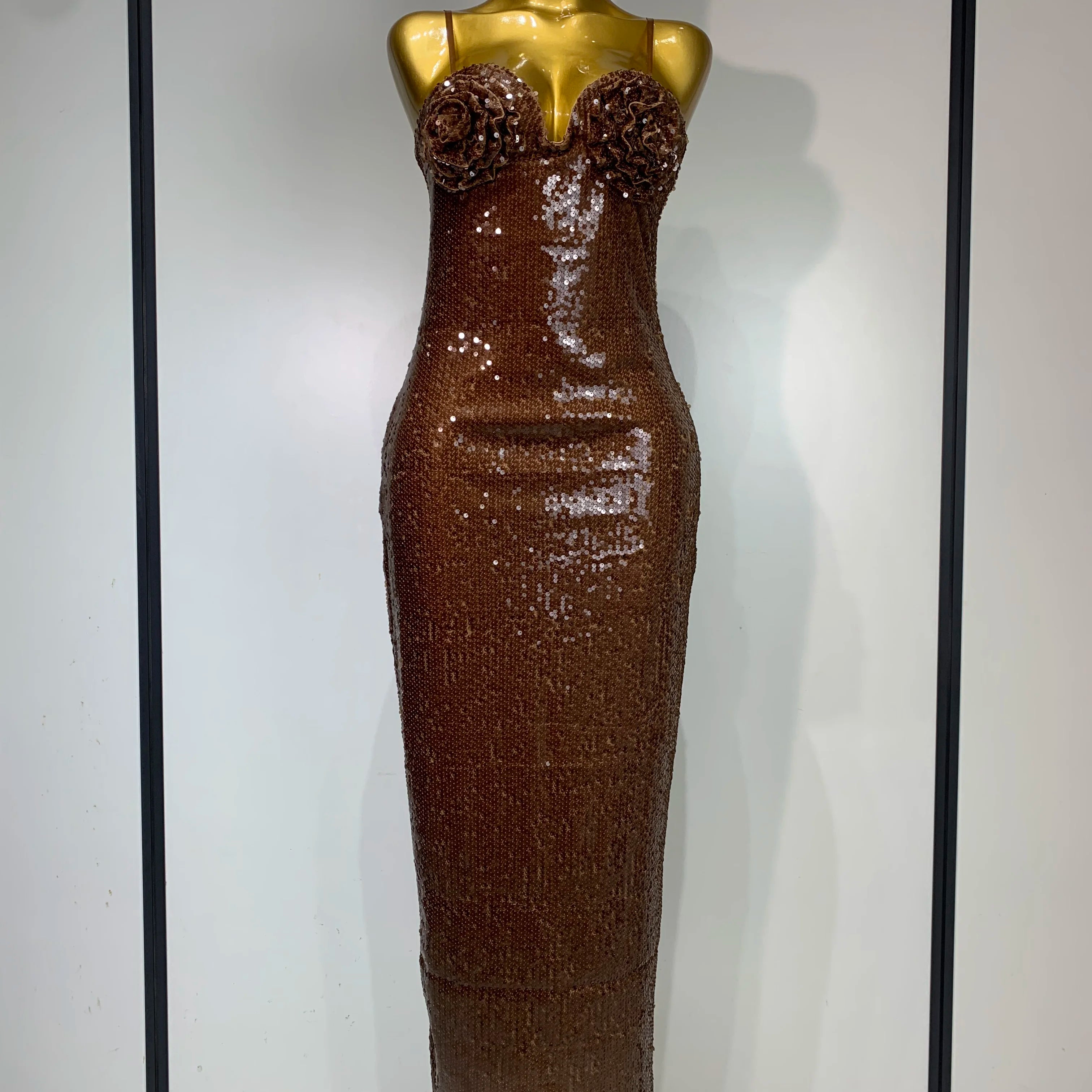 Women Luxury Sexy Sleeveless Backless Mesh Sequins Flower Brown Bodycon Maxi Dress Club Elegant Celebrity Evening Party Dress Dark Brown