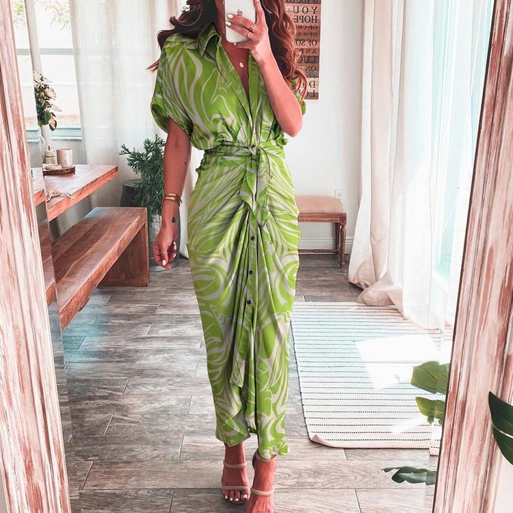 Women Sexy Bandage Shirt Dress Vintage Printed V Neck Ruched Long Dress Female Elegant Button Short Sleeve Beach Maxi Dress Robe Green