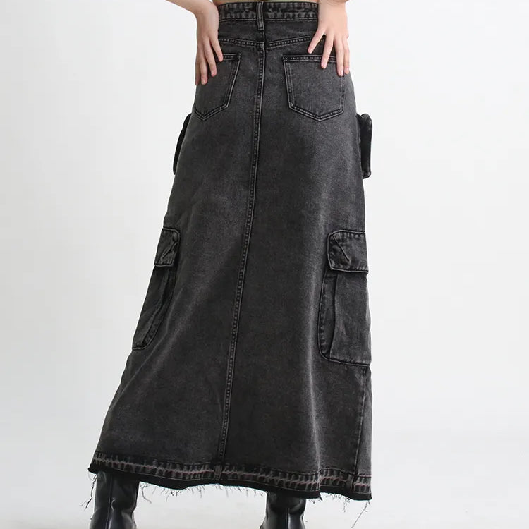 Split Denim Skirts For Women High Waist Patchwork Pocket Temperament Solid Skirt Female Autumn Fashion Style New