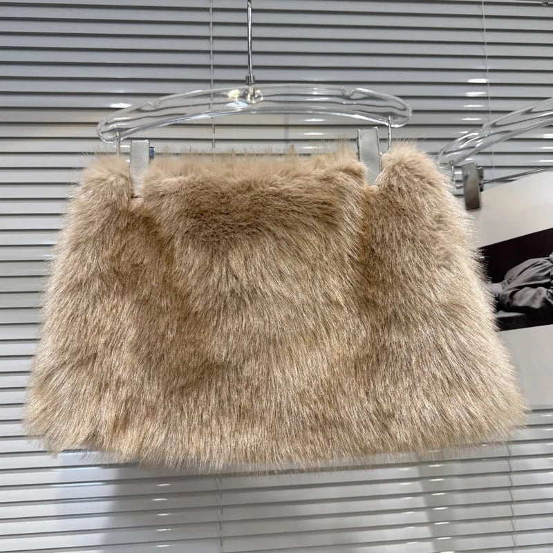 Winter New Fashionable Faux Fur Furry Short Skirt For Women High Waist A-line Wrapped Hip Mini Skirts Female 11A07678 Khaki