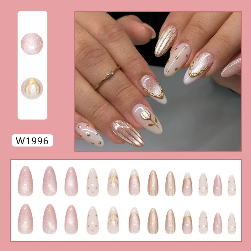 24pcs False Nails Glossy Green Summer Almond Fake Nail Tips Wearable Detachable Fashion Flower Print Press on Nails for Girl 2