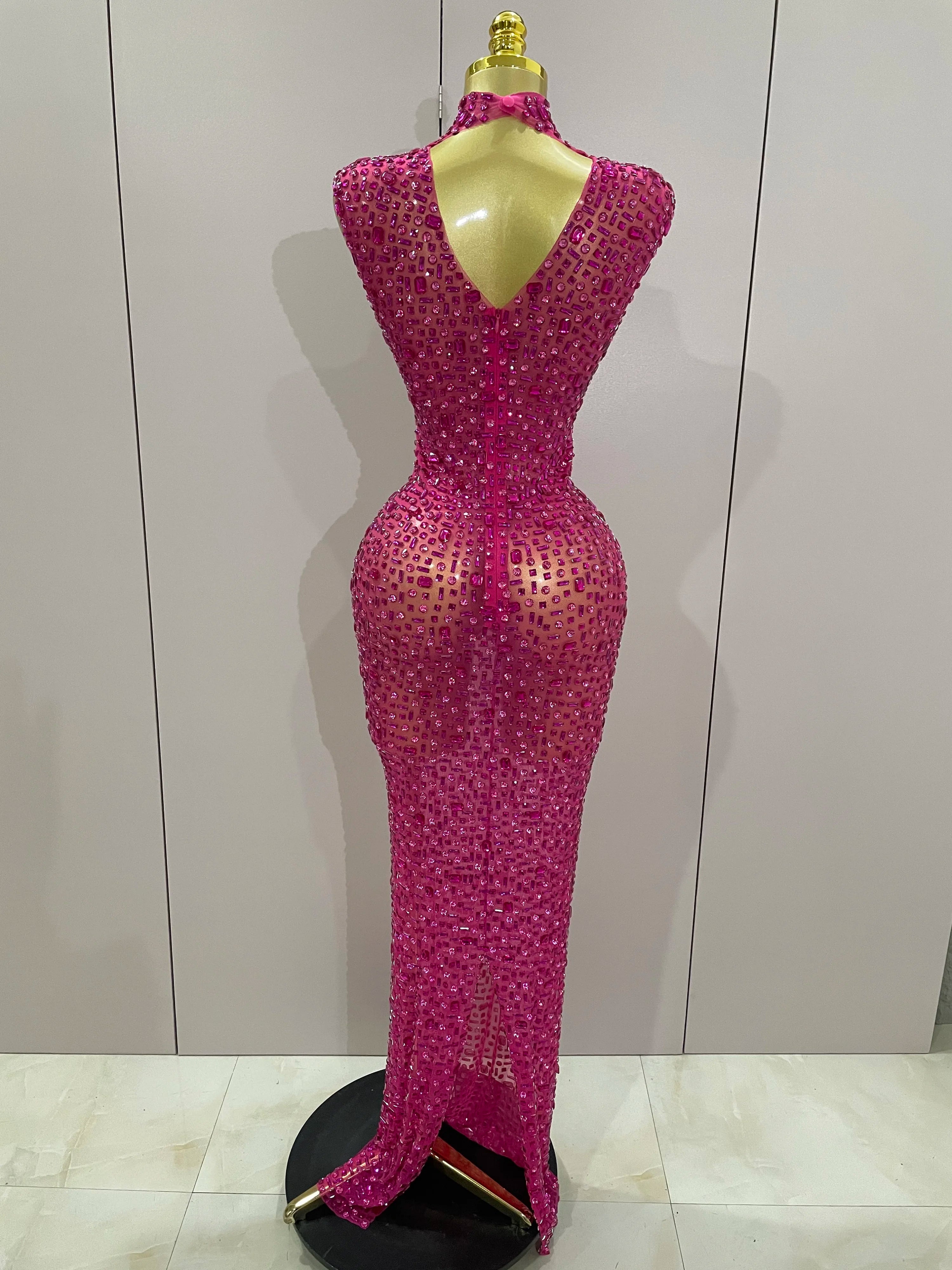 Sexy Sparkly Crystal Diamonds Mesh See Through Long Dress 2025 New Women Elegant Party Costume Singer Stage Performance Outfit