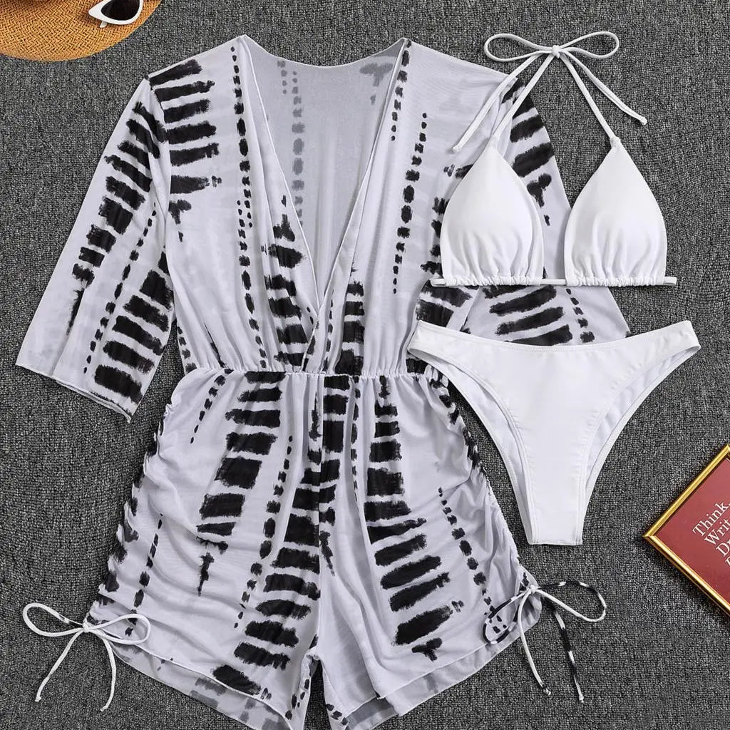 3 Pieces Bikini Tropical Print Swimsuit Halter Drawstring Side Swimwear Women 2023 Bathing Suit Female Swimming Summer Beachwear White 2