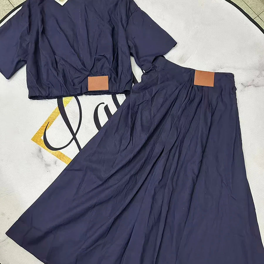 Solid Causal Two Piece Sets for Women Lapel Short Sleeves Spliced Zipper Top High Waist Skirt Set Female Fashion NAVYBLUE