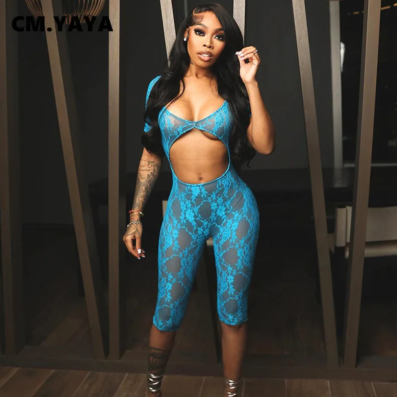 2024 Spring Short Sleeve Backless Women Lace Hollow Out Casual Rompers Playsuit Short Jumpsuits V-neck One Piece Outfits