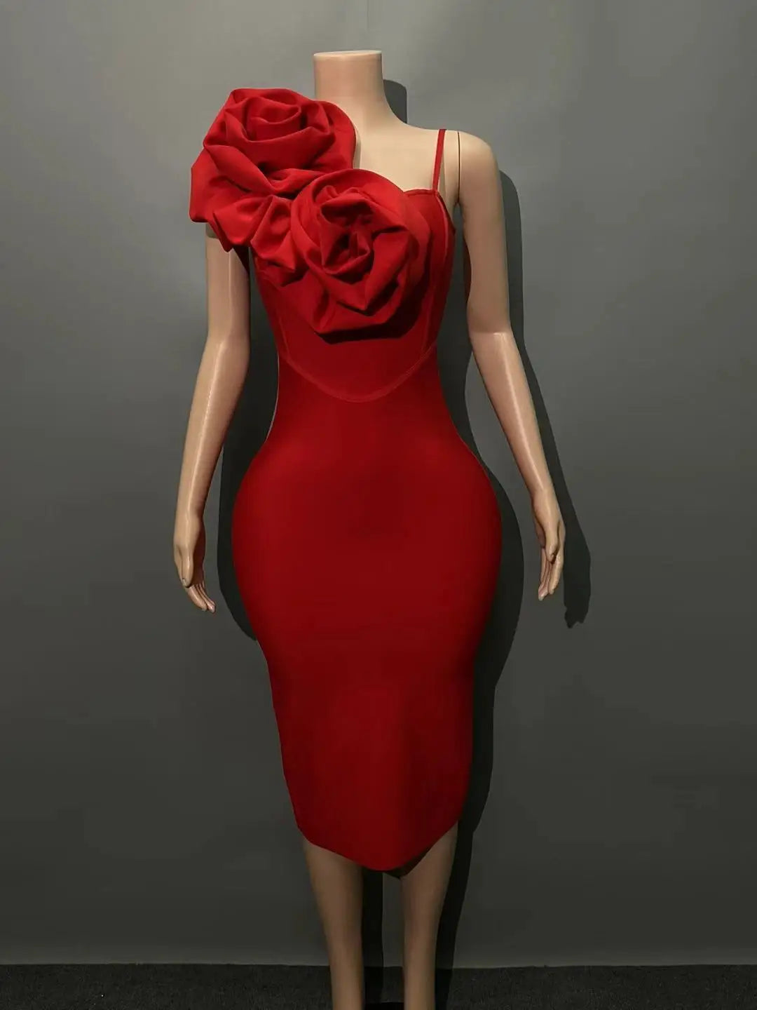 Black Red Color Women Sexy Strap Florals Bodycon Midi Bandage Dress Celebrate Nightclub Party Birthday Photo Shoot Outfit