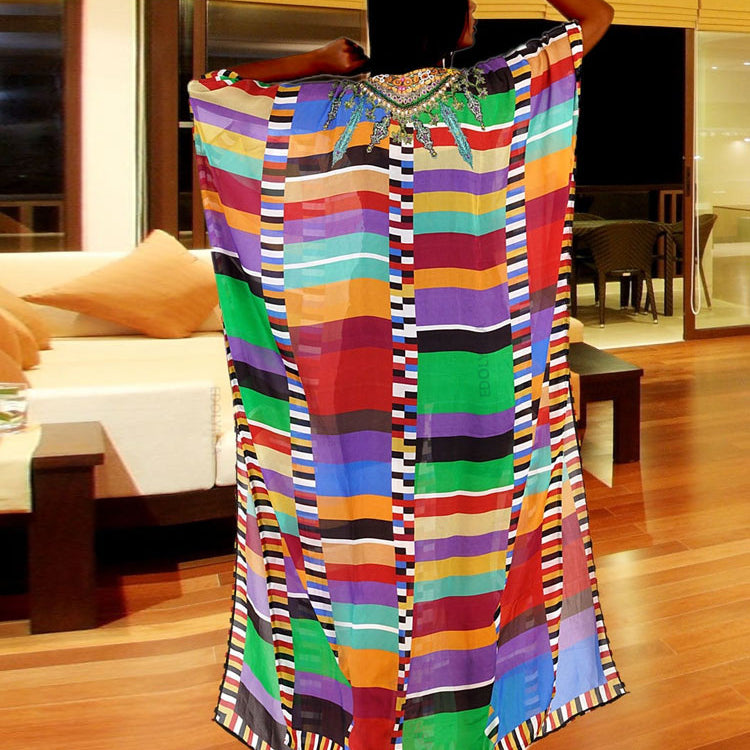 Plus Size Multicolored Loose Dress Cotton Tunic Women Large Size Beach Wear Kaftan Bohemian Printed Loose Beach Dresses