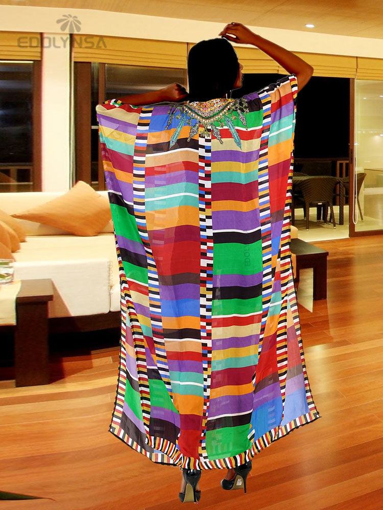 Plus Size Multicolored Loose Dress Cotton Tunic Women Large Size Beach Wear Kaftan Bohemian Printed Loose Beach Dresses