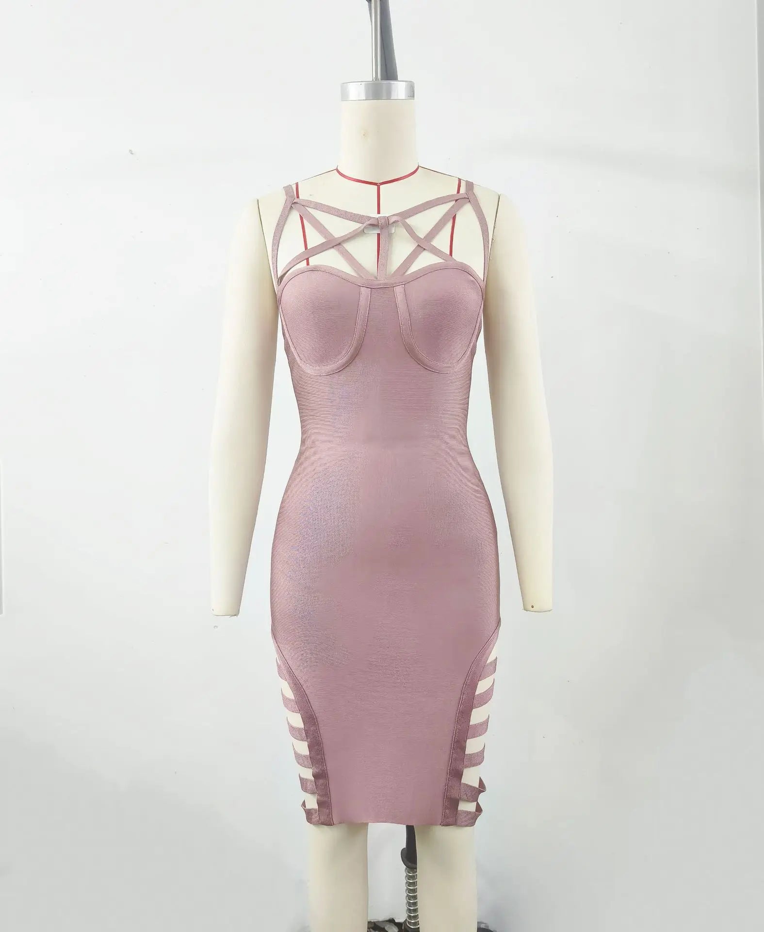 Black Pink Women Sleeveless Sexy V-Neck Bodycon Mini Bandage Dress Hollow Out Celebrate Night Club Party Cocktail Outfit Pink