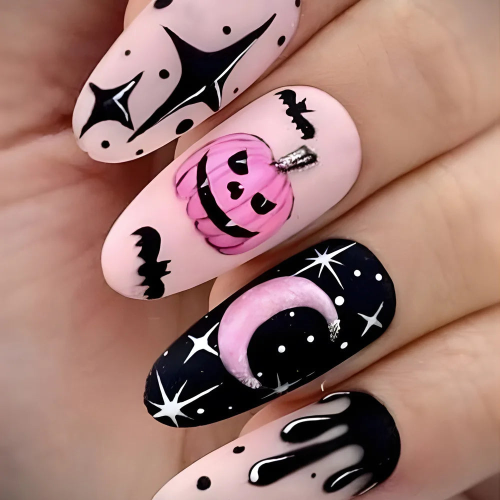 24pcs Black Bat Printed Fake Nails Halloween White Ghost Pattern False Nails for Women Wearable European Almond Press on Nails 4