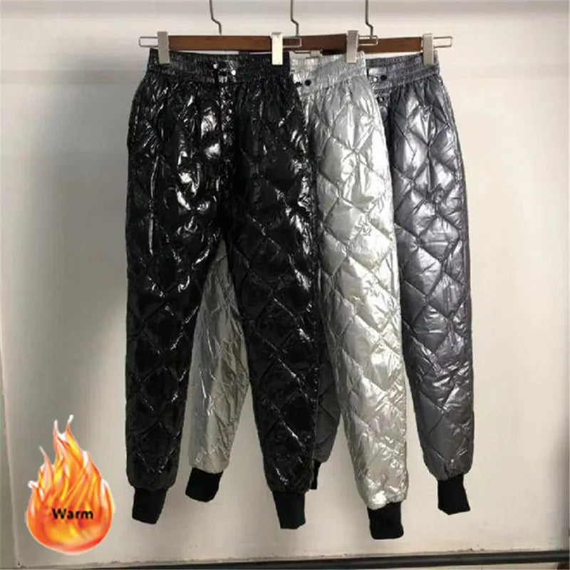 Women Glossy Diamond Down Pant 2024 Winter Fashion High Waist Harem Trousers Plus Size Warm Padded Quilted Pantalones Windproof